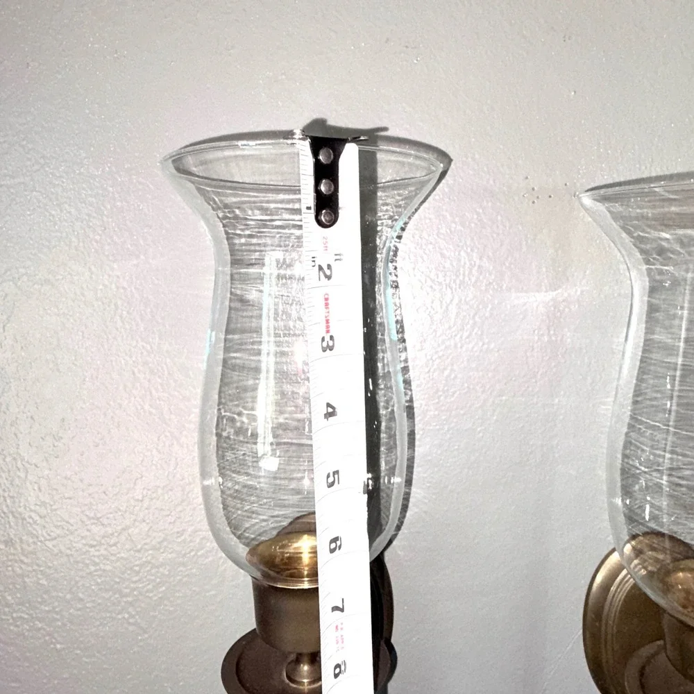 Pair of Vtg Antique Brass Hurricane Wall Sconces with Clear Glass Shades 18in
